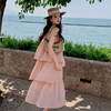 粉色吊带荷叶边连衣裙，女2023夏季气质，甜美层层蛋糕裙露肩长裙