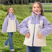 迪士尼2023冬装女童仿羊羔绒撞色棉服儿童甜美棉衣外套宝宝棉袄厚