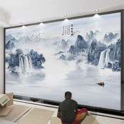 新中式电视背景墙壁纸流水，生财山水墙布3d墙纸书房客厅沙发墙壁画