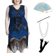 欧美大码女装套装1920s复古亮片，亚马逊聚会晚宴v领流苏连衣裙珠片