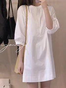 法式时尚白色衬衫连衣裙，女夏泡泡袖高级感气质圆领中长款裙子