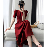 红色气质礼服连衣裙女夏法式赫本风收腰显瘦高级感气质泡泡袖裙子