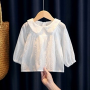 女童秋装白衬衫2024小童公主蕾丝长袖上衣宝宝宽松洋气娃娃衫