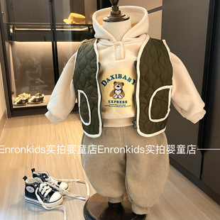 韩国童装深秋冬季婴童男宝宝连帽卫衣森系套装卡通小熊加绒保暖潮