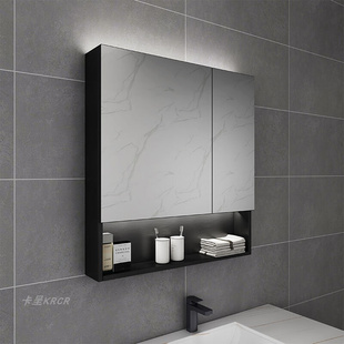 网红黑色不锈钢浴室镜柜壁挂镜箱带灯卫生间单独挂墙式镜子置物架