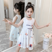 女童雪纺连衣裙2023洋气，韩版中大童夏季儿童，可爱无袖卡通裙子