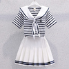 韩版中大童装学院风套装2024夏季海军领条纹短袖上衣百褶裙两件套