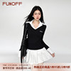 FUNOFF 美式学院风假两件刺绣撞色V领喇叭长袖复古修身针织上衣女