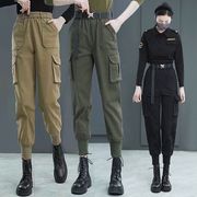 军绿色工装裤女秋装，2023高腰通勤休闲哈伦，裤小个子萝卜束脚裤