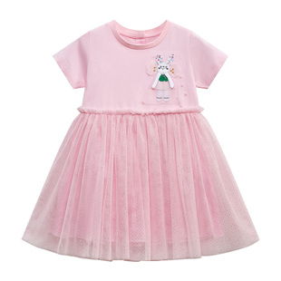 女童小象短袖连衣裙宝宝，粉红色网纱公主裙，夏装婴幼儿半袖裙子