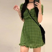 轻熟法式绿色格子连衣裙夏季日系少女学生甜美中长款收腰裙子