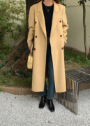 韩国东大门长款西装外套，西服领双排扣卡其色，宽松双面羊绒大衣