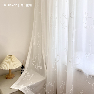 动物王国儿童房窗纱3D立体浮雕绣花纱帘白色卡通窗帘卧室飘窗