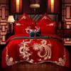 结婚床上用品四件套全棉磨毛床单，被罩红色百子图婚庆新婚龙凤刺绣