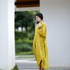 文艺复古黄色大袍子纯色流浪气质风格撕边褶皱，棉v领长袖连衣裙