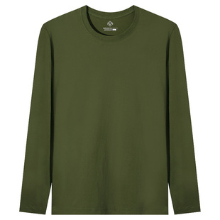 纯棉长袖t恤男基础款，纯色秋季打底衫，宽松内搭薄款圆领上衣军绿色