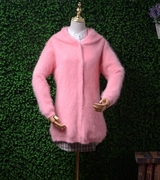 高端长毛水貂绒中长款加厚粉色，连帽韩版宽松外套，慵懒兔毛毛衣女