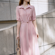 轻熟风粉色衬衫领连衣裙长裙2024夏设计感小众收腰显瘦气质a字裙