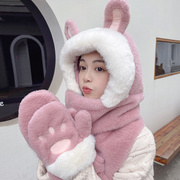 韩版冬季兔耳朵毛绒三件套可爱百搭连体帽围巾手套帽子一体潮