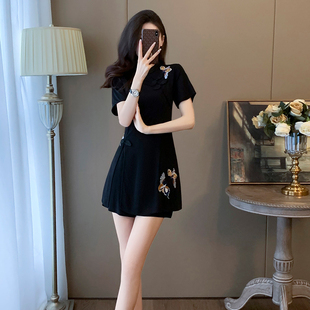 国风中式短袖连衣裙，女夏季设计感修身显瘦短裤俩件套黑色短裙