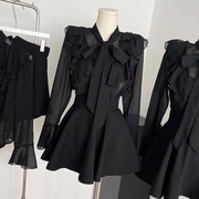 蓬蓬裙小个子自制2024通勤百搭显瘦黑色雪纺上衣半身裙套装时尚潮