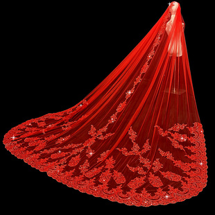 红色头纱新娘结婚主婚纱长款拖尾头纱中式婚礼秀禾服红色头纱