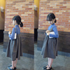 外贸韩国童装2020早秋森林系浅棕细格子棉质女童吊带裙中童连衣裙
