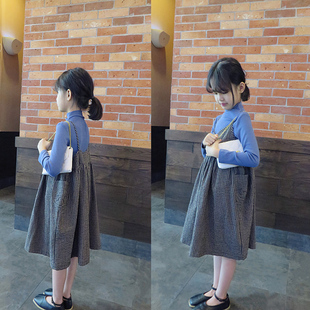 外贸韩国童装2020早秋森林系浅棕细格子棉质女童吊带裙中童连衣裙