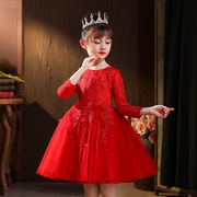 3-13岁花童装蓬蓬裙红色礼服蕾丝，裙女童连衣裙春秋，款网袖儿童公主