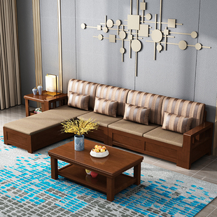 实木沙发组合冬夏两用客厅布艺，转角贵妃新中式全木质l型储物沙发