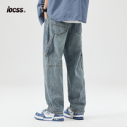 iocss浅蓝色宽松直筒牛仔裤腰带男潮夏季薄款阔腿美式工装长裤子