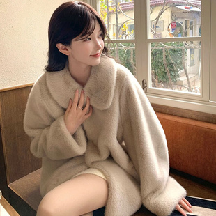 韩国水貂绒长毛，大衣女冬季高级软糯加厚保暖环保，皮草毛毛外套