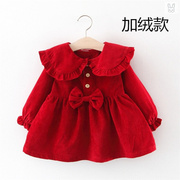 秋冬女宝宝罩衣洋气大红色公主围裙防水反穿衣灯芯绒护衣外穿围兜