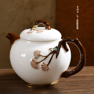 唐月窑喜临门羊脂玉茶壶德化白玉，瓷泡茶壶手工家用功夫茶具单壶