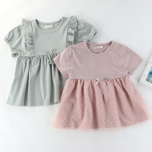出口日本儿童甜美短袖T恤女童娃娃衫蕾丝花边裙式半袖上衣120-140