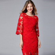 名媛品牌红色小礼服欧美加大码喇叭袖显瘦包臀镂空蕾丝连衣裙