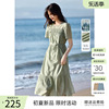 xwi欣未轻薄透气天丝短袖连衣裙，女夏季清新减龄收腰显瘦绿色裙子