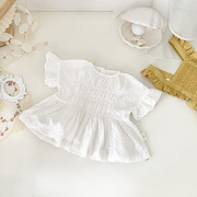 夏天韩版棉圆领女宝打揽衬衫纯白色可爱短袖百褶清凉绣花娃娃衬衫
