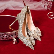 高级感主婚纱，婚鞋女春季新娘鞋水晶婚礼服，高跟鞋金色亮片鞋