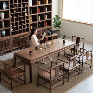 新中式实木茶桌椅组合套装，禅意明式黑胡桃木，原木办公茶台茶室家具