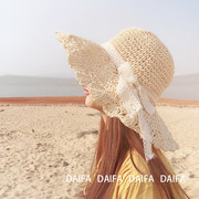 大檐草帽蕾丝蝴蝶结帽，子平檐沙滩，帽女夏天海边度假遮阳帽折叠