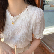 韩国chic夏季温柔甜美圆领重工，蕾丝花边拼接宽松褶皱感短袖衬衫女