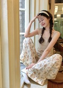韩版网红风带胸垫吊带莫代尔睡衣女夏天卡通可爱家居直筒睡裤套装