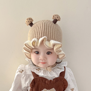 女宝宝帽子秋冬可爱婴儿毛线帽保暖甜美公主帽花边女童护耳帽