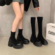 香港瘦瘦长筒马丁靴女秋冬2023年高跟法式时尚增高小个子短靴