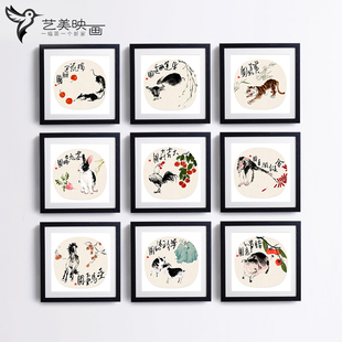 国画十二生肖中式12鼠牛虎兔龙蛇，马羊猴鸡狗猪装饰挂画有框