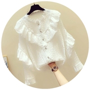 立领雪纺上衣长袖女蕾丝荷叶，边白色衬衣，韩版秋季洋气小衫衬衫