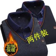 2023年新款假两件衬衫男长袖针织毛衣套头中老年人外套爸爸衬衣男