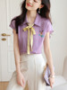 春夏优雅紫色小鹿绣花衬衫时尚飘带小众设计感衬衣上衣女装