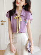 2023春夏韩版优雅紫色，绣花衬衫时尚飘带小众设计感